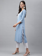 Janasya Women's Light Blue Rayon Solid Casual Straight Kurta | Grocsy