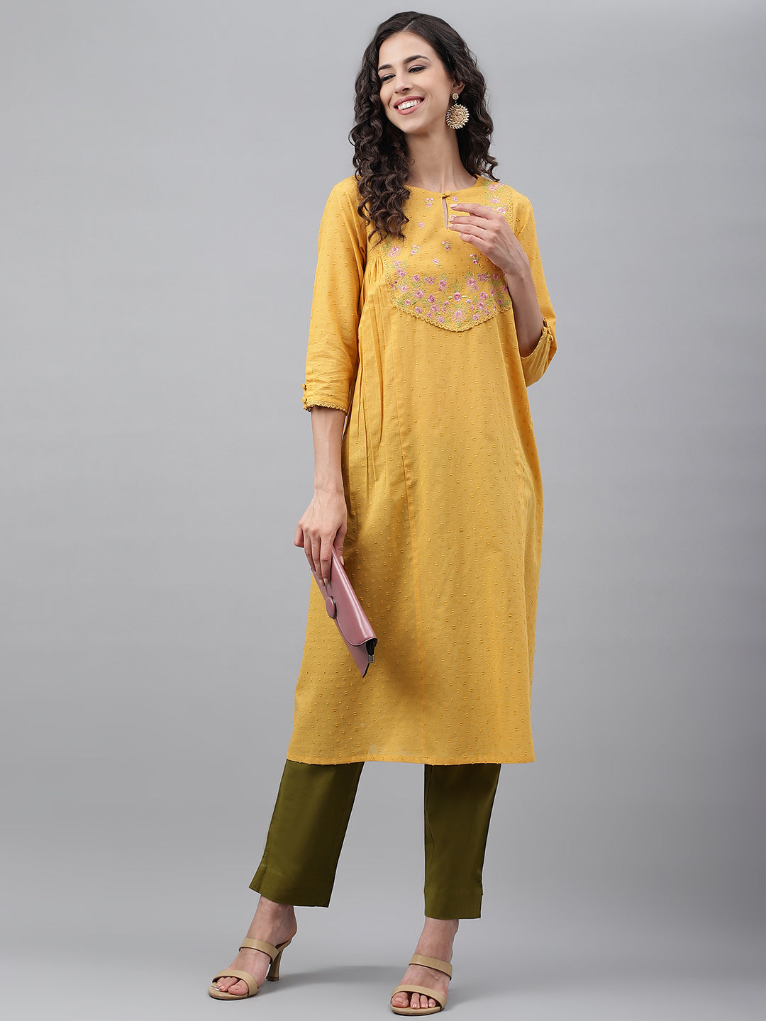 Janasya Women's Yellow Dobby Cotton Solid Casual A-Line Kurta | Grocsy