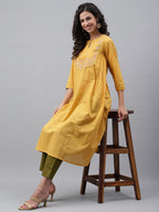Janasya Women's Yellow Dobby Cotton Solid Casual A-Line Kurta | Grocsy