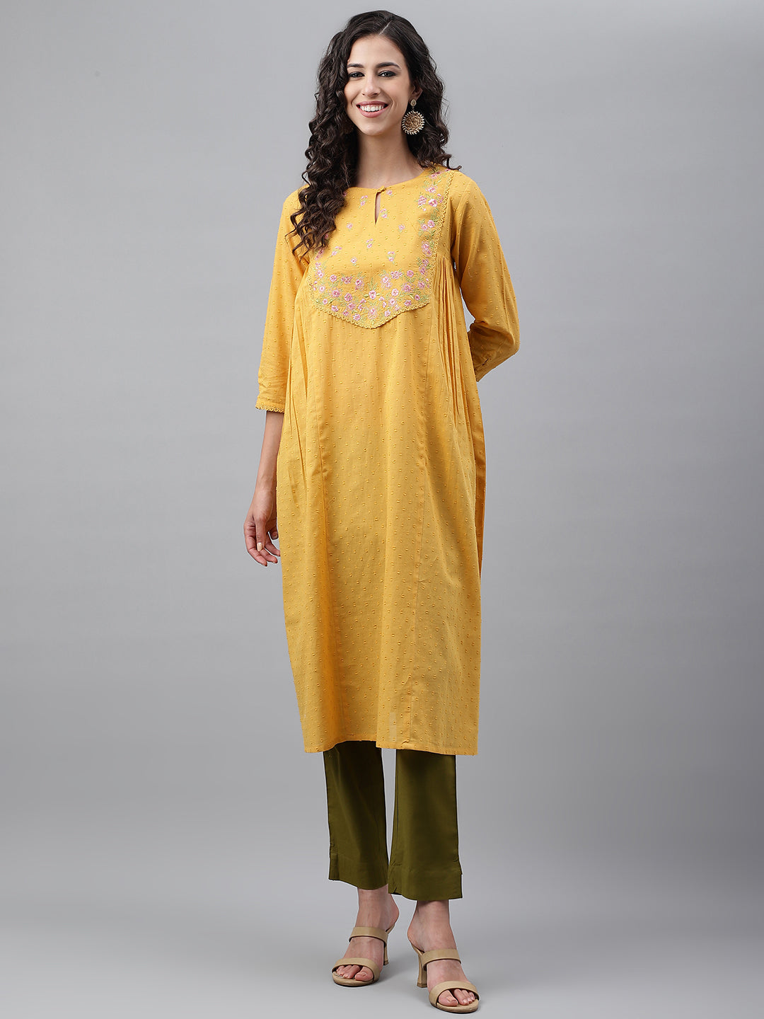Janasya Women's Yellow Dobby Cotton Solid Casual A-Line Kurta | Grocsy