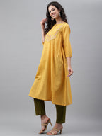 Janasya Women's Yellow Dobby Cotton Solid Casual A-Line Kurta | Grocsy