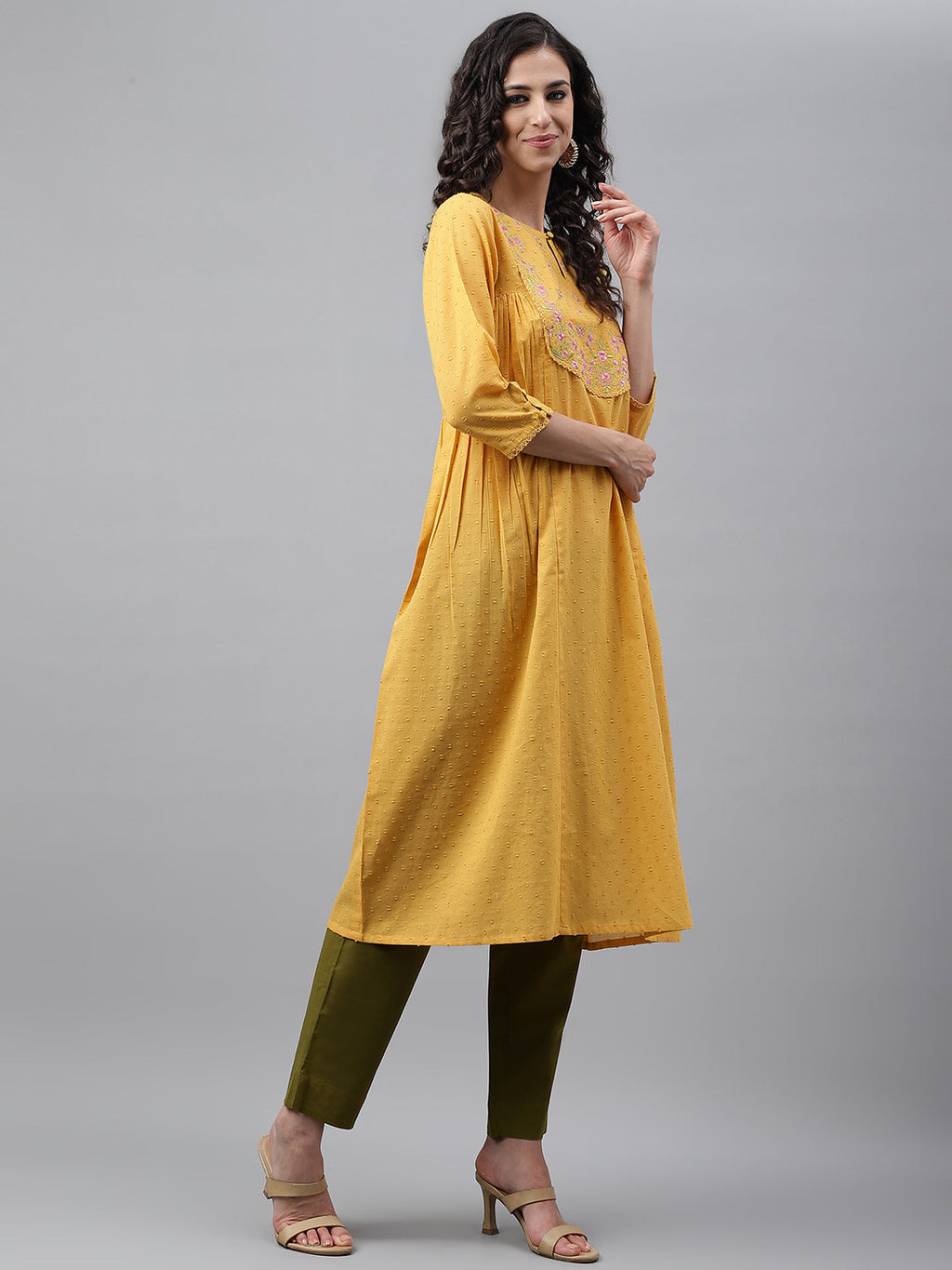 Janasya Women's Yellow Dobby Cotton Solid Casual A-Line Kurta | Grocsy