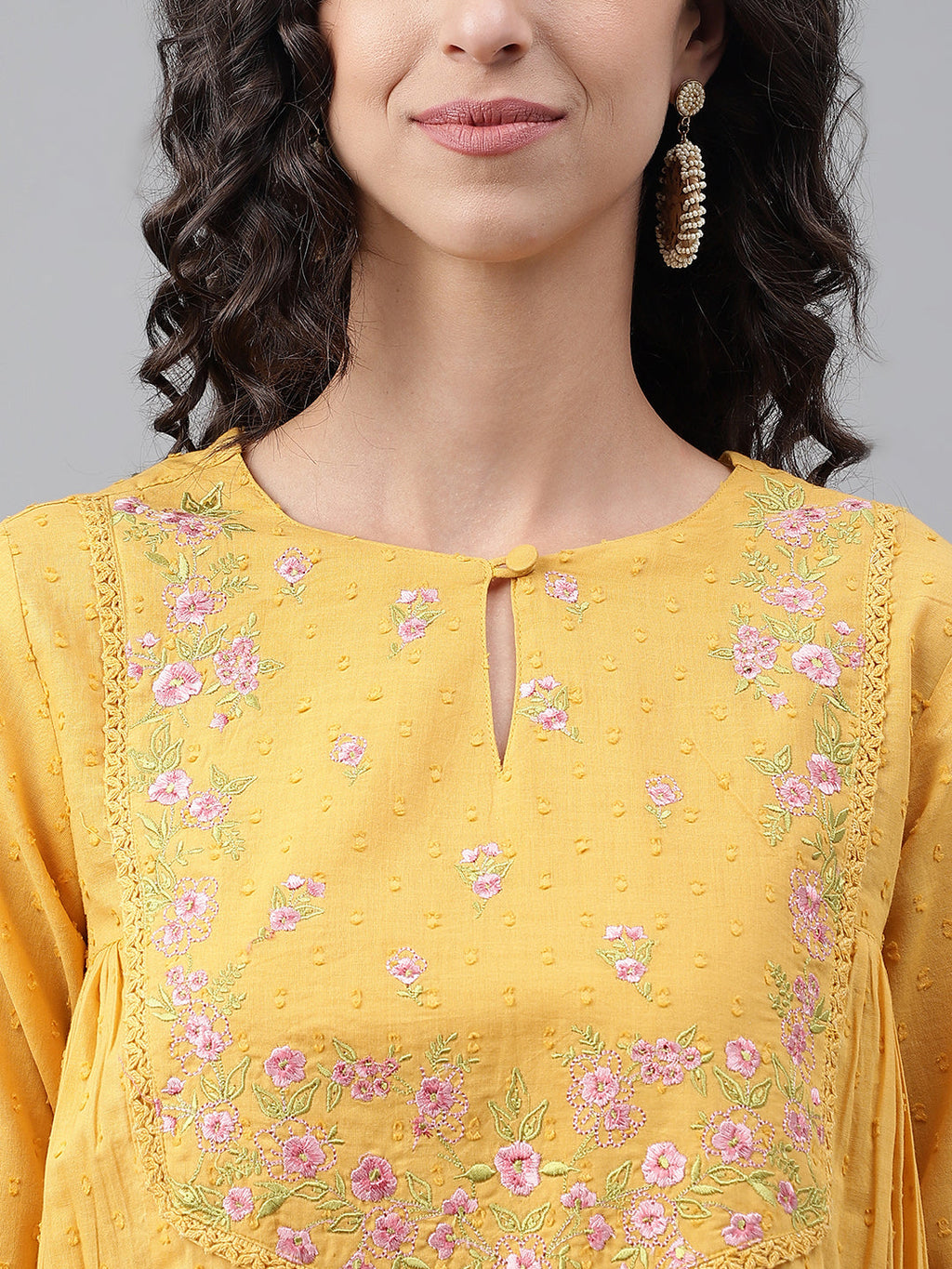 Janasya Women's Yellow Dobby Cotton Solid Casual A-Line Kurta | Grocsy