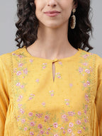 Janasya Women's Yellow Dobby Cotton Solid Casual A-Line Kurta | Grocsy