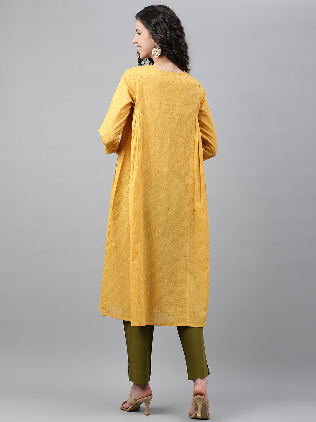 Janasya Women's Yellow Dobby Cotton Solid Casual A-Line Kurta | Grocsy
