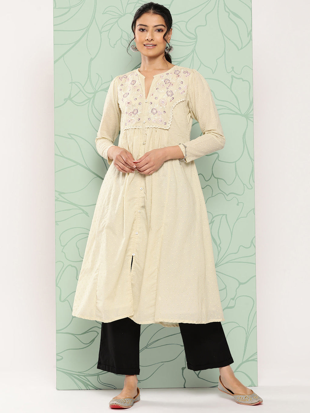 Janasya Women's Off White Dobby Cotton Solid Casual A-Line Kurta | Grocsy