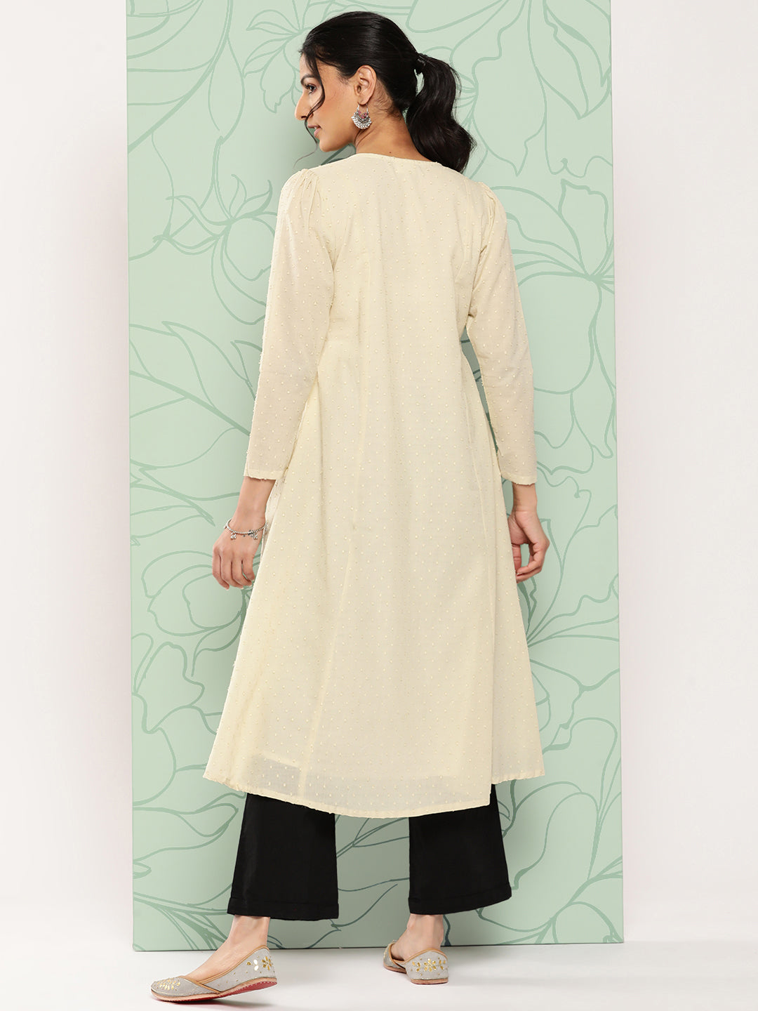 Janasya Women's Off White Dobby Cotton Solid Casual A-Line Kurta | Grocsy