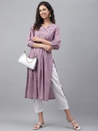 Janasya Women's Lavender Dobby Cotton Solid Casual Gathered Kurta | Grocsy