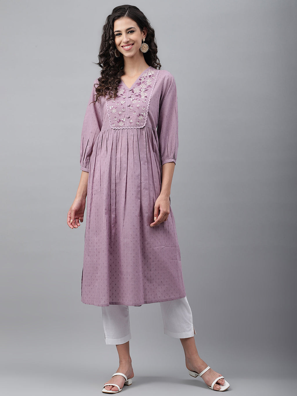 Janasya Women's Lavender Dobby Cotton Solid Casual Gathered Kurta | Grocsy