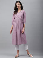 Janasya Women's Lavender Dobby Cotton Solid Casual Gathered Kurta | Grocsy