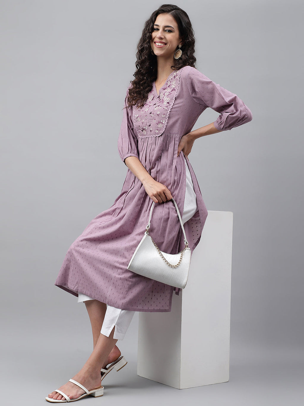Janasya Women's Lavender Dobby Cotton Solid Casual Gathered Kurta | Grocsy