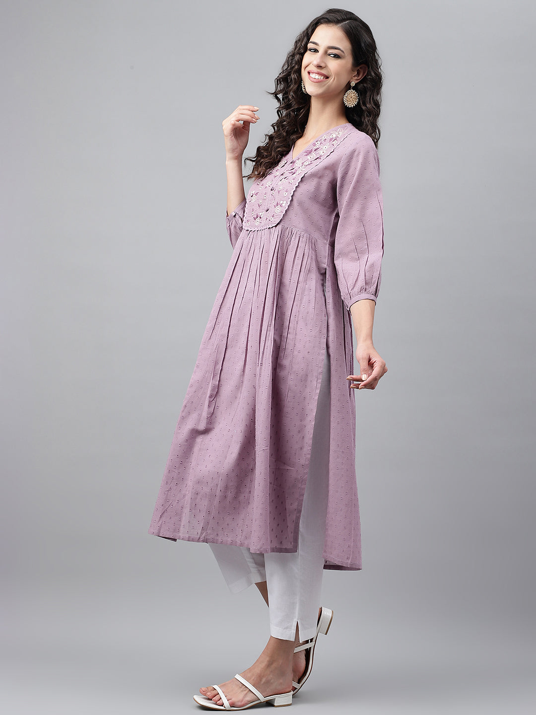 Janasya Women's Lavender Dobby Cotton Solid Casual Gathered Kurta | Grocsy