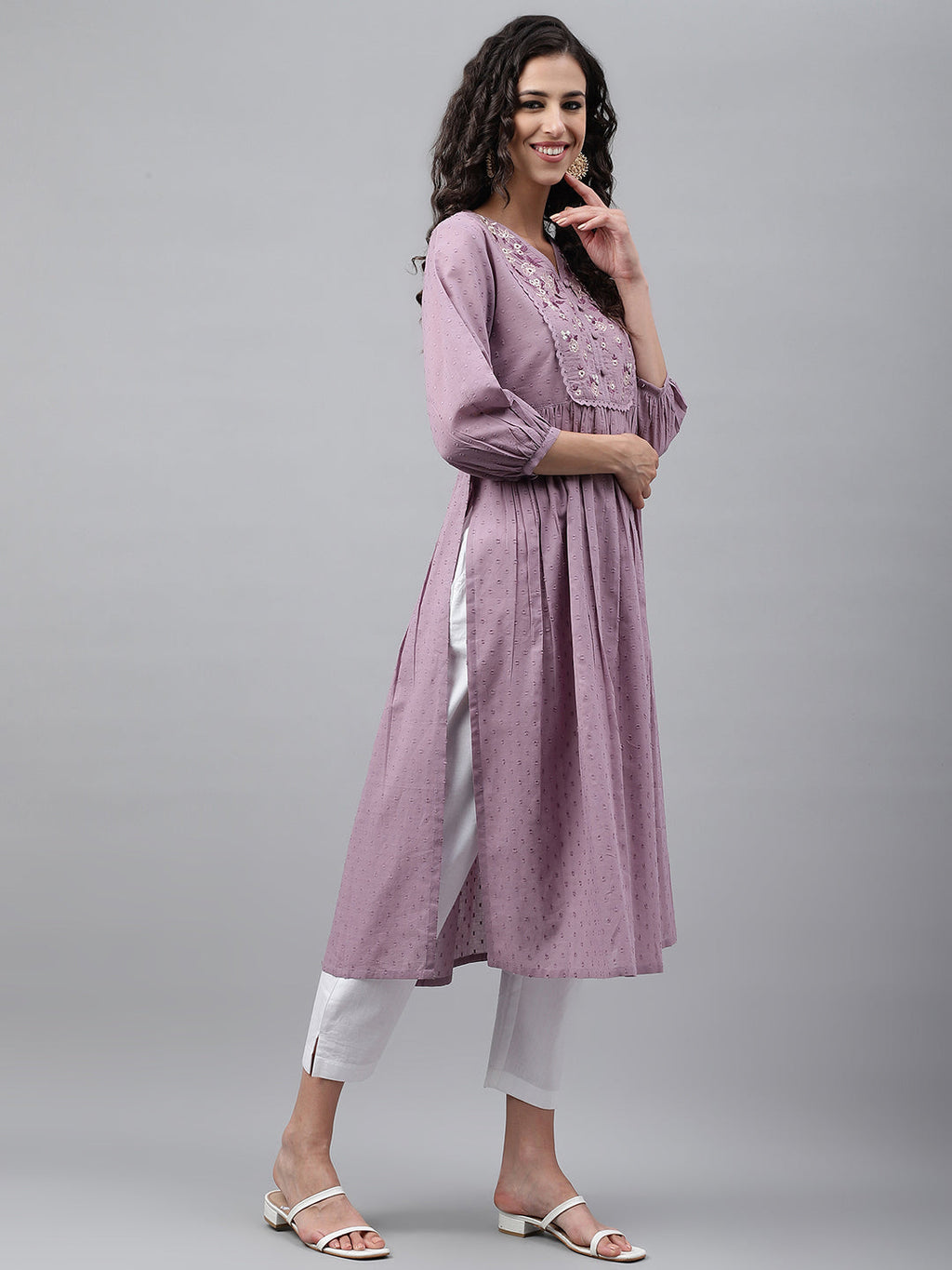 Janasya Women's Lavender Dobby Cotton Solid Casual Gathered Kurta | Grocsy