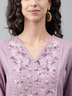 Janasya Women's Lavender Dobby Cotton Solid Casual Gathered Kurta | Grocsy