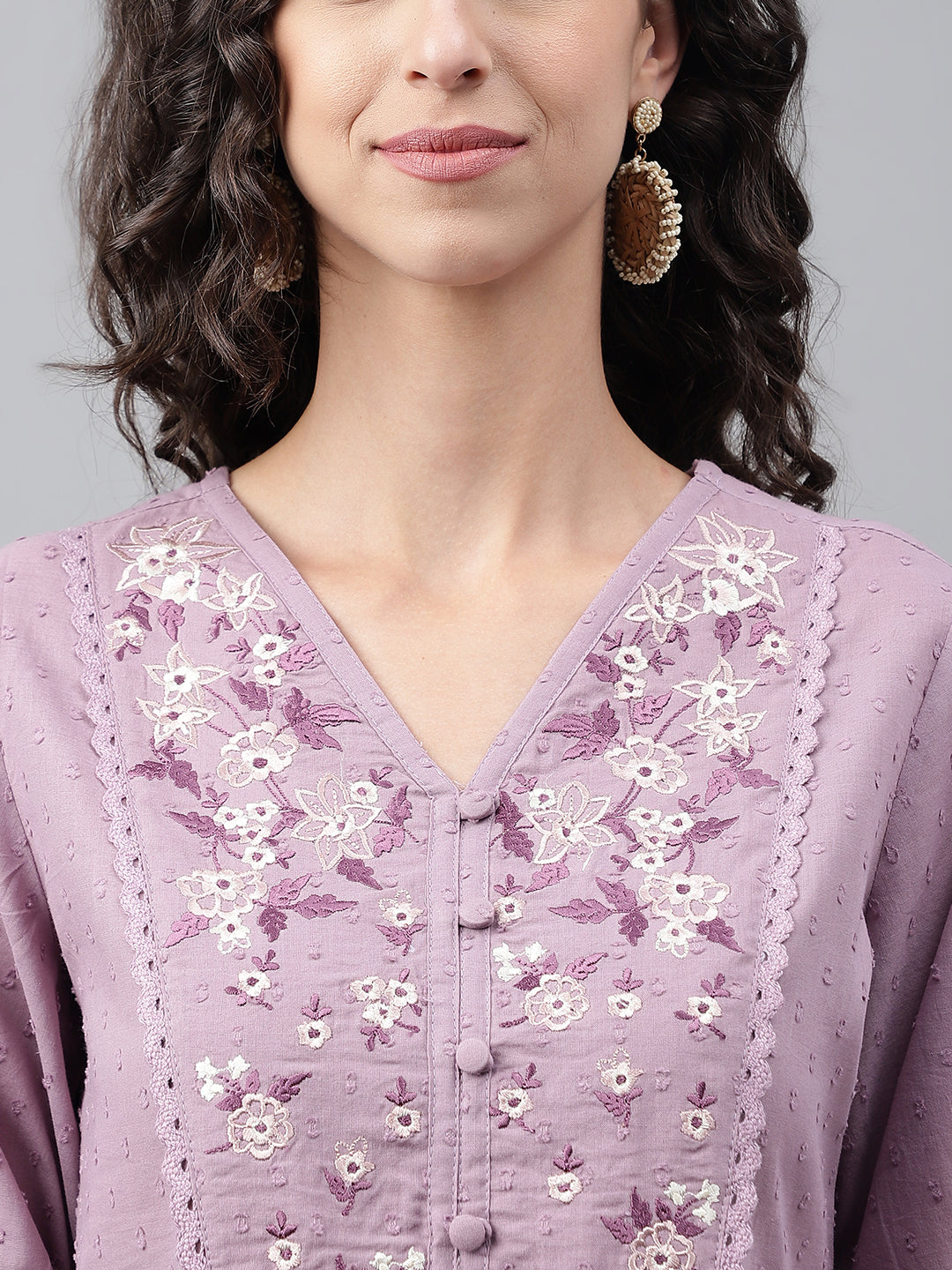 Janasya Women's Lavender Dobby Cotton Solid Casual Gathered Kurta | Grocsy