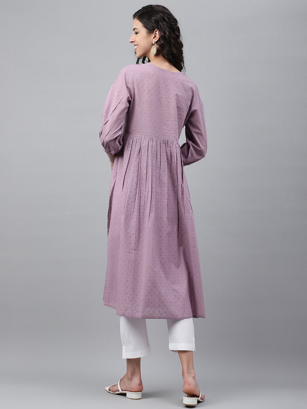 Janasya Women's Lavender Dobby Cotton Solid Casual Gathered Kurta | Grocsy