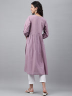 Janasya Women's Lavender Dobby Cotton Solid Casual Gathered Kurta | Grocsy