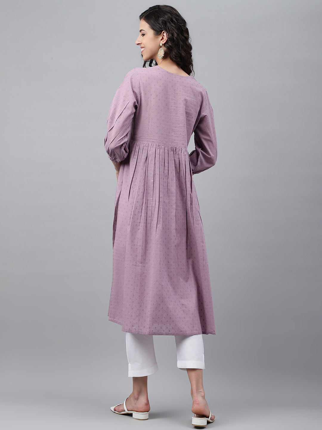 Janasya Women's Lavender Dobby Cotton Solid Casual Gathered Kurta | Grocsy