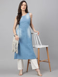 Janasya Women's Light Blue Denim Solid Casual Straight Kurta | Grocsy