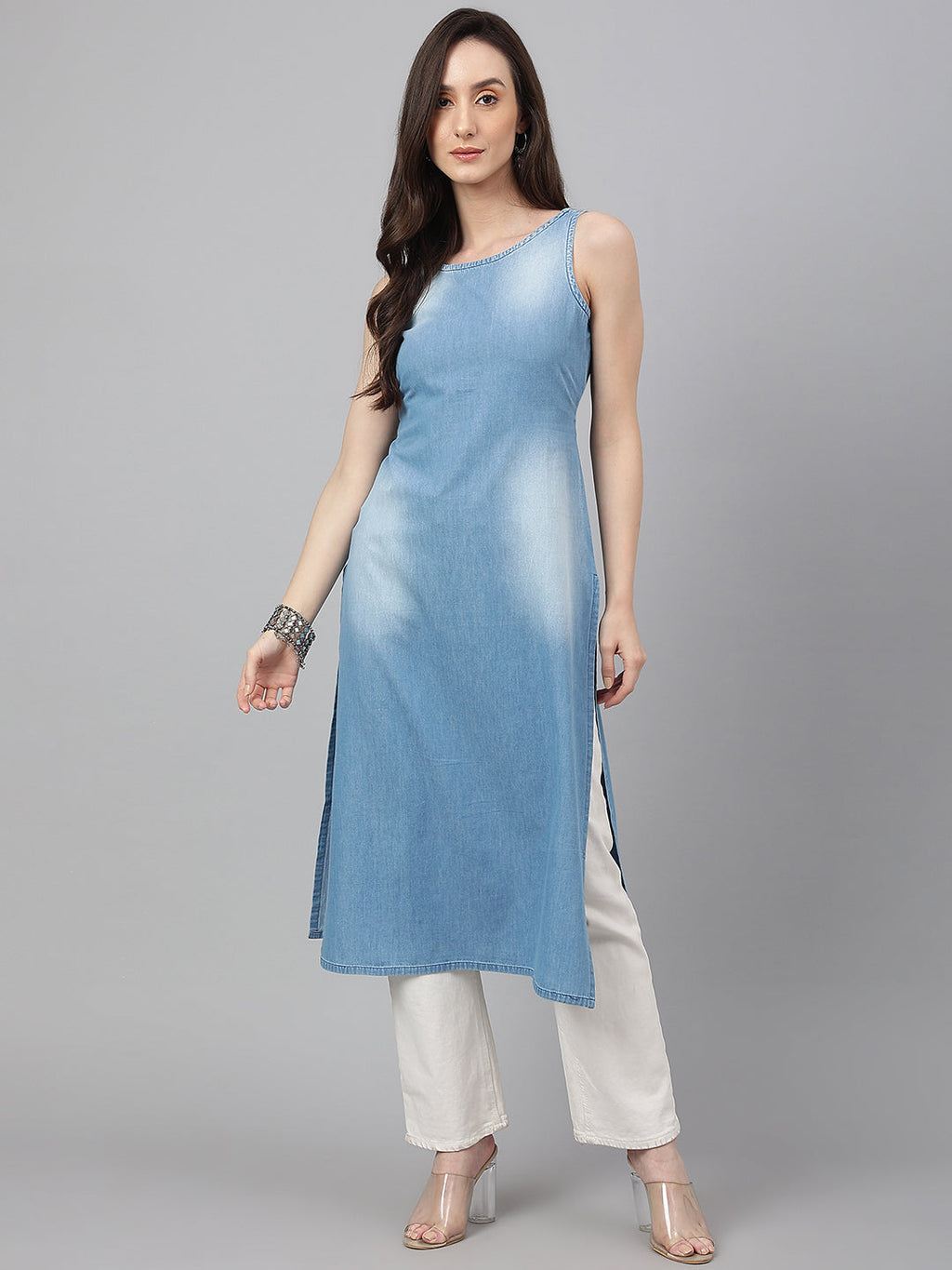 Janasya Women's Light Blue Denim Solid Casual Straight Kurta | Grocsy