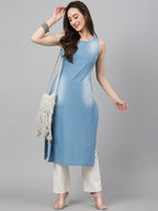 Janasya Women's Light Blue Denim Solid Casual Straight Kurta | Grocsy