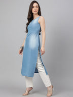 Janasya Women's Light Blue Denim Solid Casual Straight Kurta | Grocsy