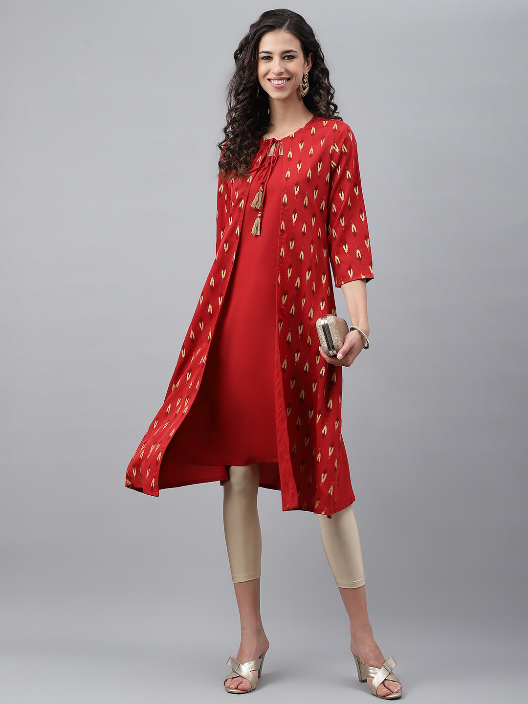 Janasya Women's Red Crepe Ikat Printed Festive Jacket Style Kurta | Grocsy