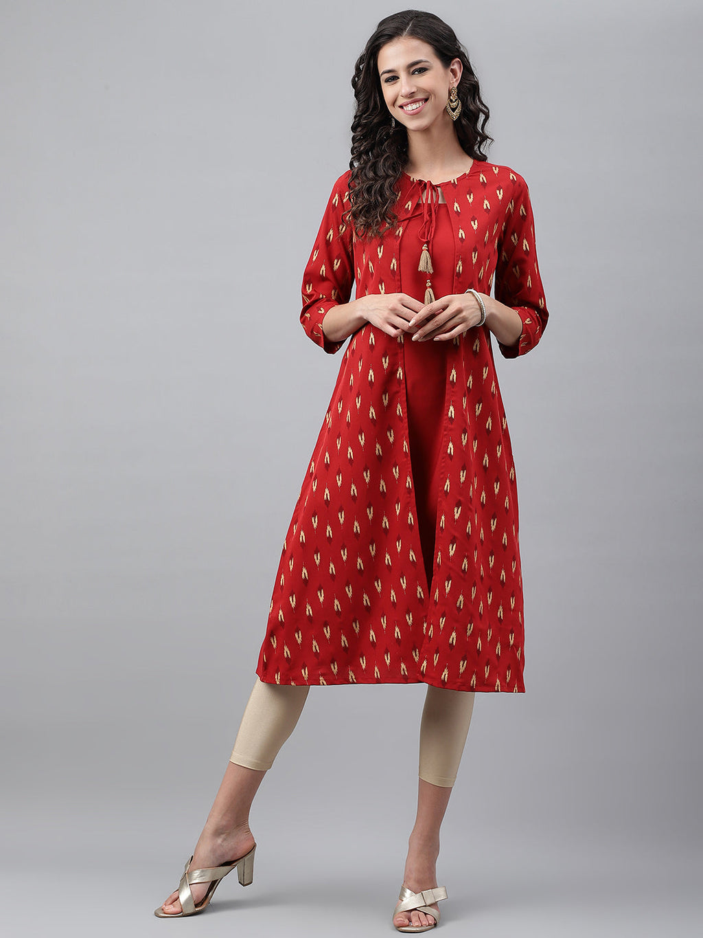 Janasya Women's Red Crepe Ikat Printed Festive Jacket Style Kurta | Grocsy