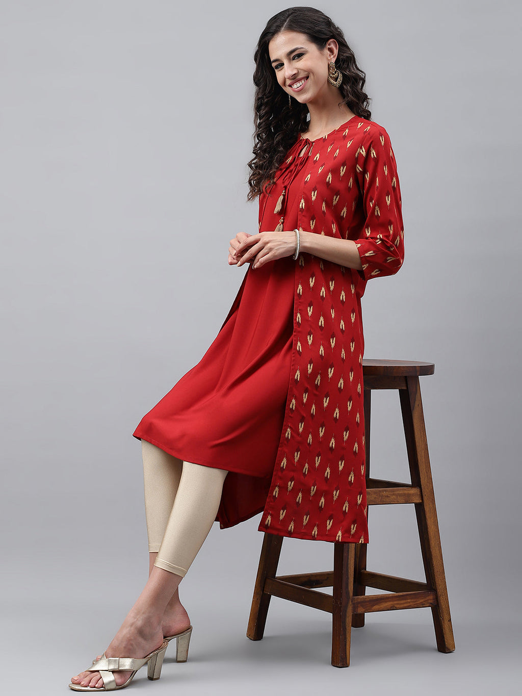 Janasya Women's Red Crepe Ikat Printed Festive Jacket Style Kurta | Grocsy