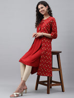 Janasya Women's Red Crepe Ikat Printed Festive Jacket Style Kurta | Grocsy