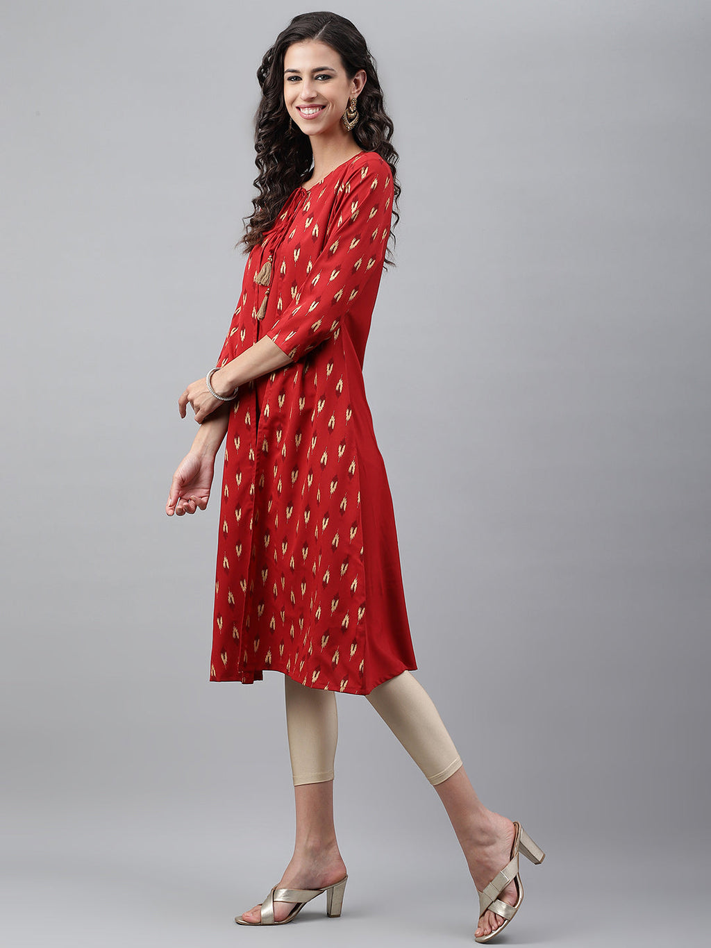 Janasya Women's Red Crepe Ikat Printed Festive Jacket Style Kurta | Grocsy