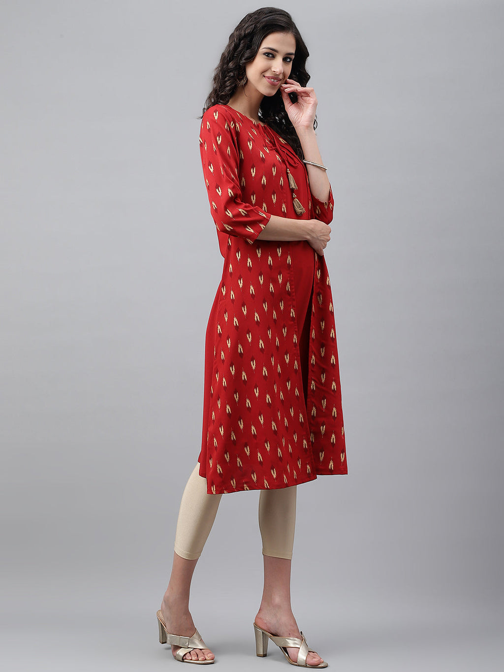 Janasya Women's Red Crepe Ikat Printed Festive Jacket Style Kurta | Grocsy