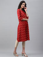 Janasya Women's Red Crepe Ikat Printed Festive Jacket Style Kurta | Grocsy