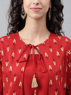 Janasya Women's Red Crepe Ikat Printed Festive Jacket Style Kurta | Grocsy