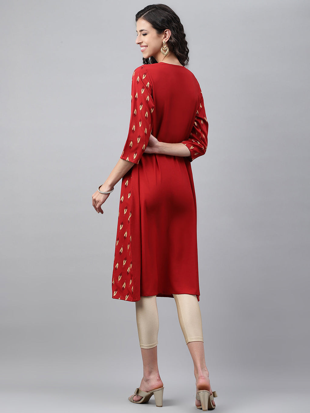 Janasya Women's Red Crepe Ikat Printed Festive Jacket Style Kurta | Grocsy