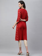 Janasya Women's Red Crepe Ikat Printed Festive Jacket Style Kurta | Grocsy