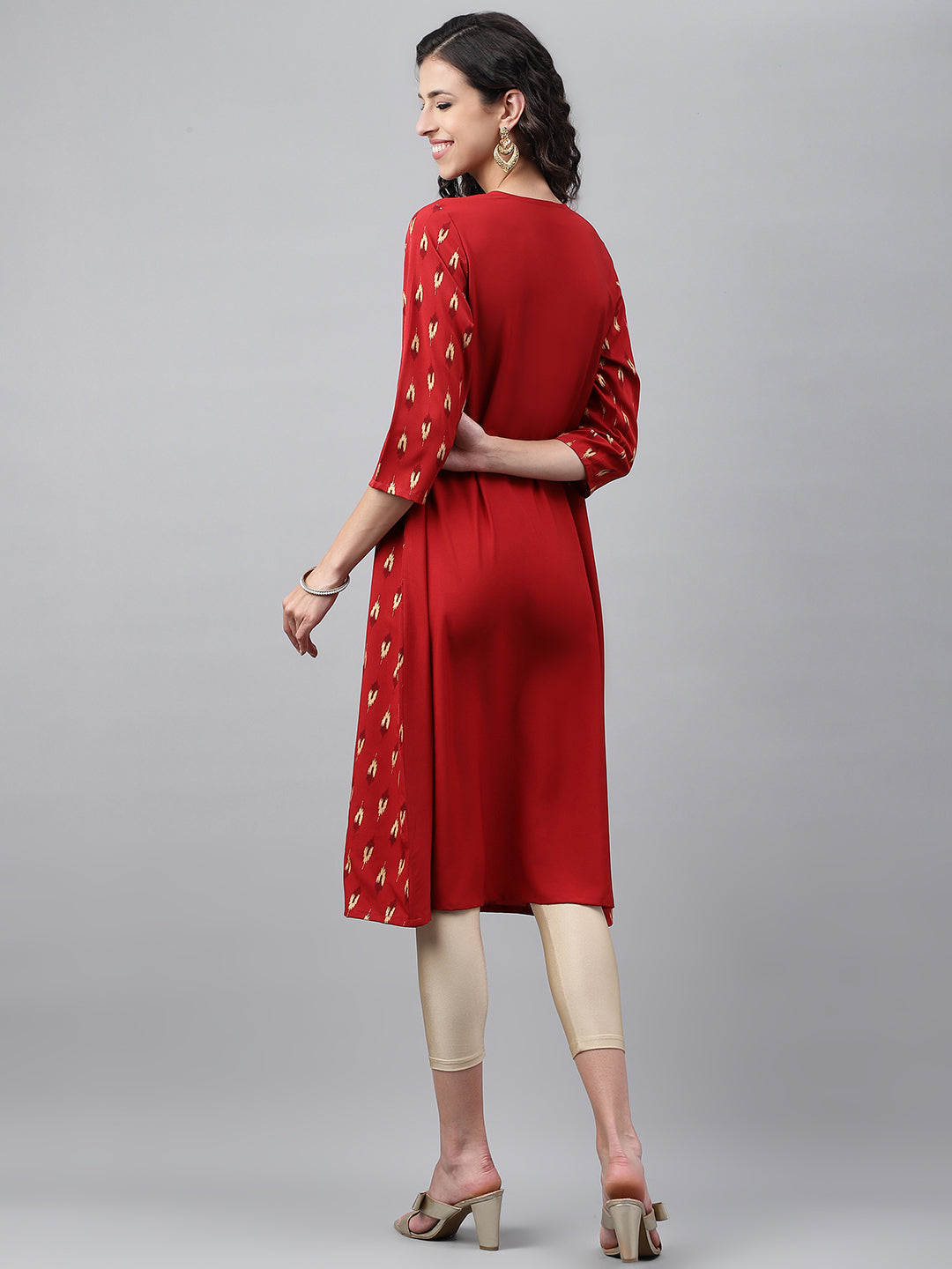 Janasya Women's Red Crepe Ikat Printed Festive Jacket Style Kurta | Grocsy