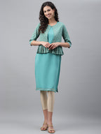 Janasya Women's Green Crepe Foil Printed Festive Jacket Style Kurta | Grocsy