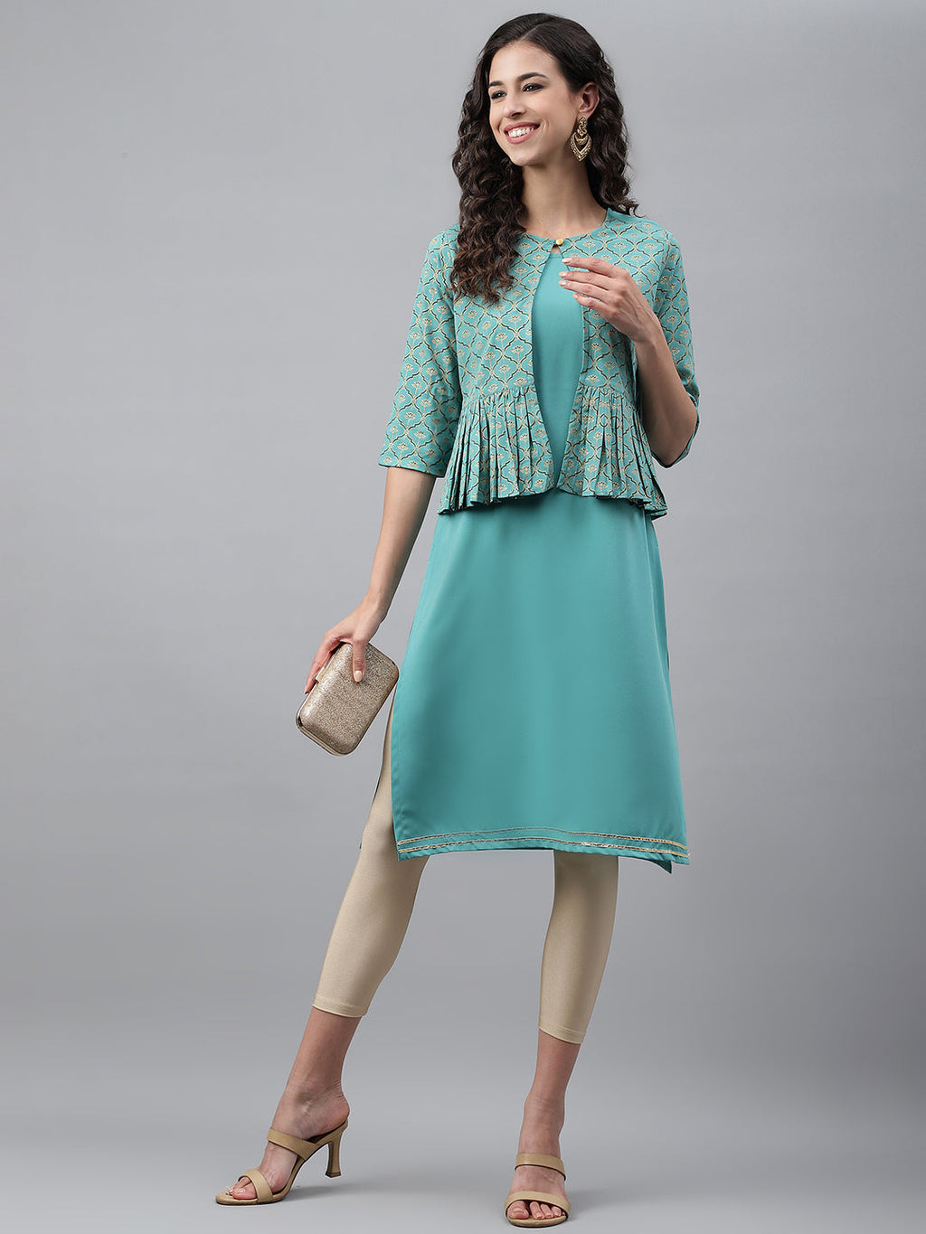 Janasya Women's Green Crepe Foil Printed Festive Jacket Style Kurta | Grocsy