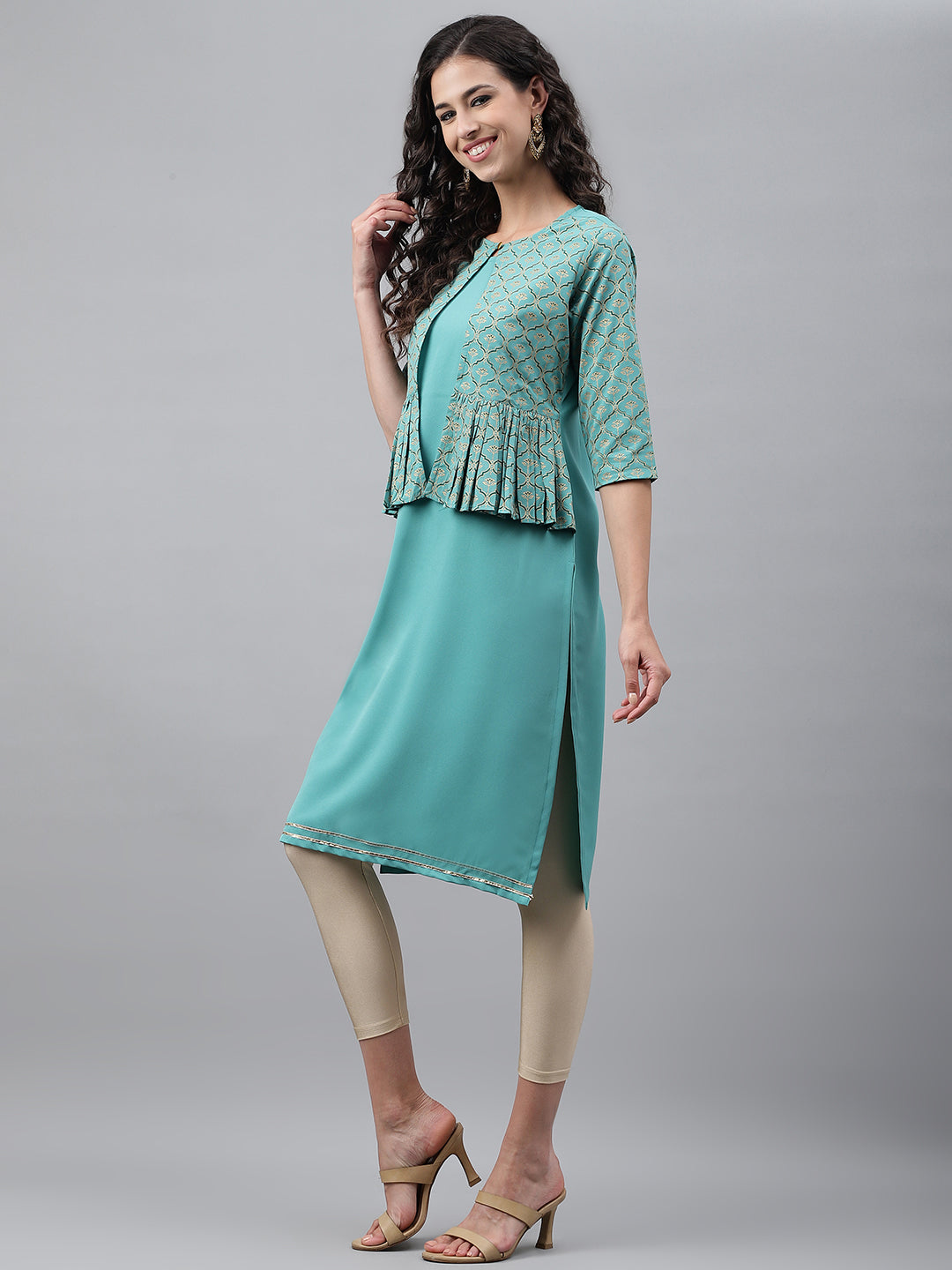 Janasya Women's Green Crepe Foil Printed Festive Jacket Style Kurta | Grocsy