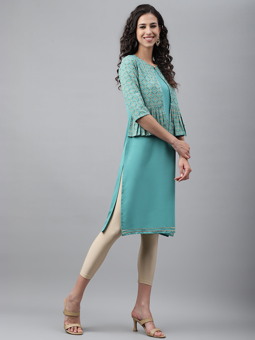 Janasya Women's Green Crepe Foil Printed Festive Jacket Style Kurta | Grocsy