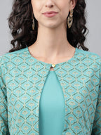 Janasya Women's Green Crepe Foil Printed Festive Jacket Style Kurta | Grocsy