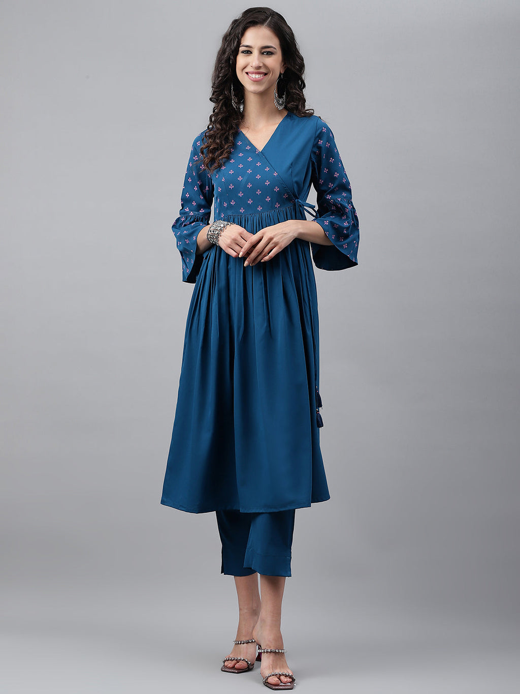 Janasya Women's Blue Crepe Solid Casual Angrakha Kurta | Grocsy