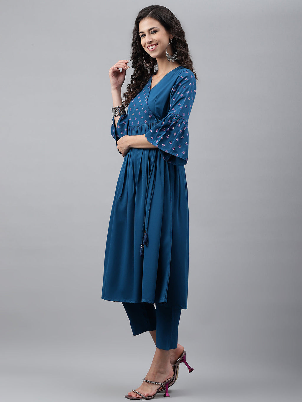 Janasya Women's Blue Crepe Solid Casual Angrakha Kurta | Grocsy