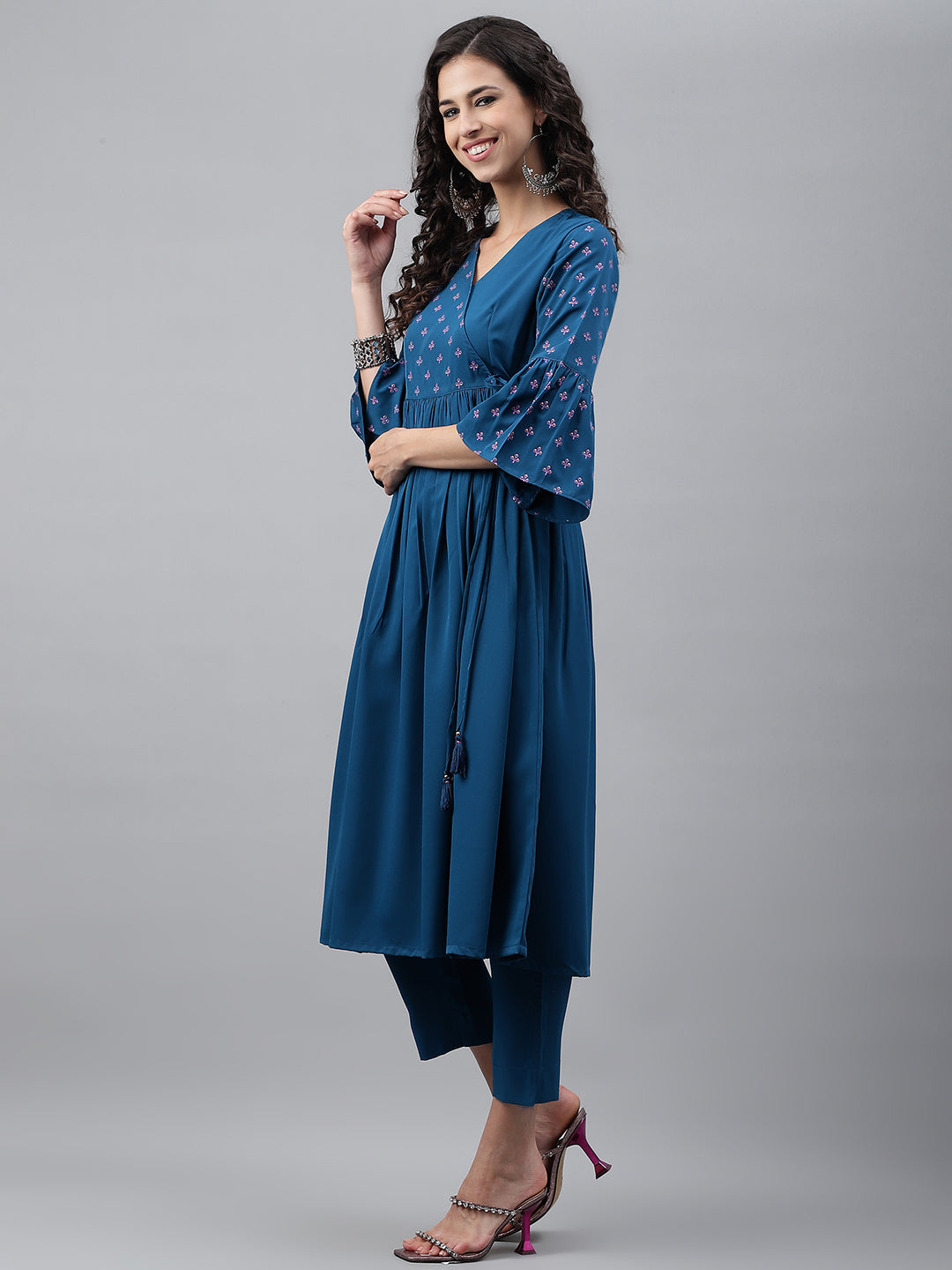 Janasya Women's Blue Crepe Solid Casual Angrakha Kurta | Grocsy
