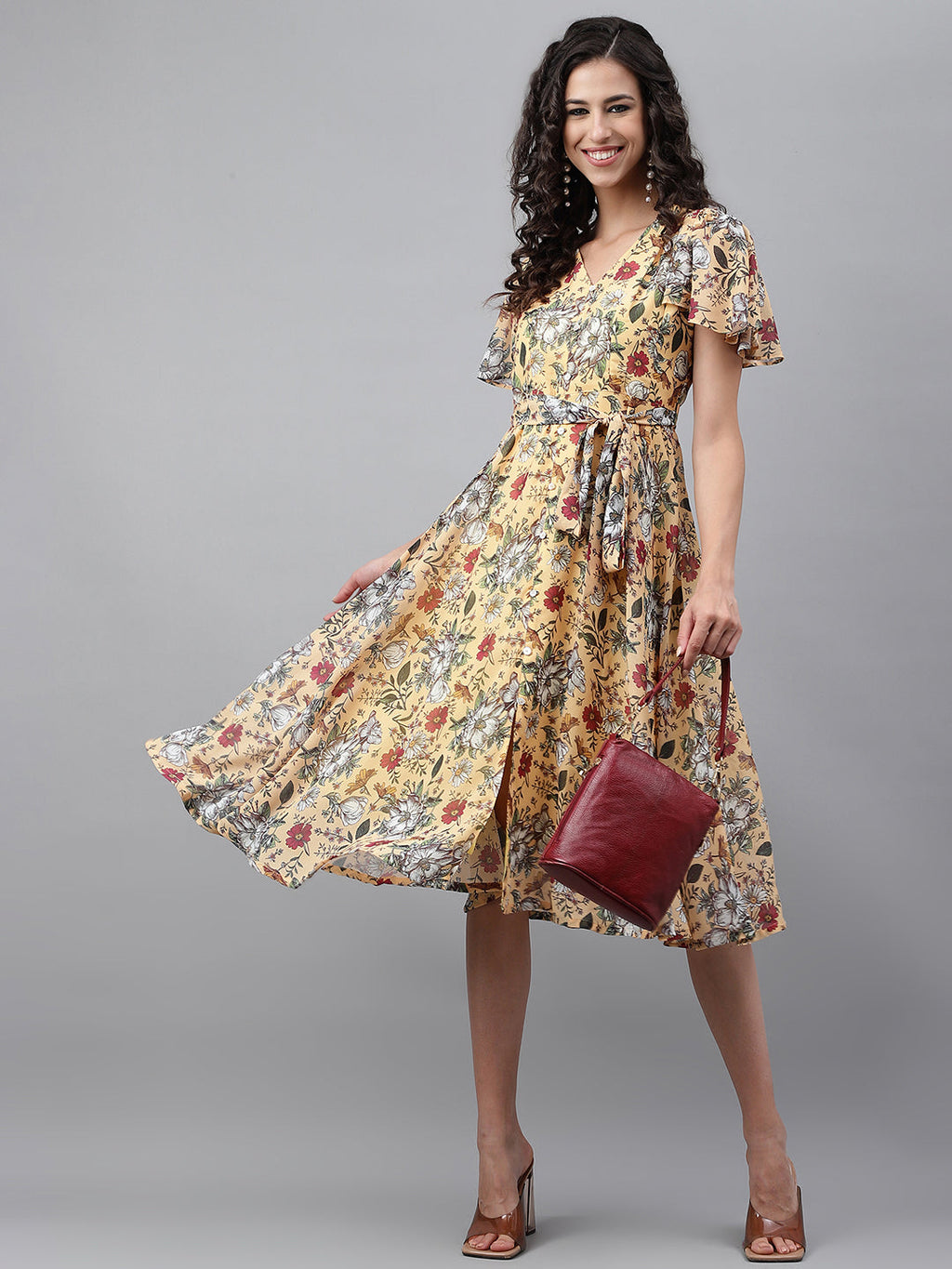 Janasya Women's Yellow Georgette Digital Printed Flared Casual Dress | Grocsy