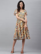 Janasya Women's Yellow Georgette Digital Printed Flared Casual Dress | Grocsy