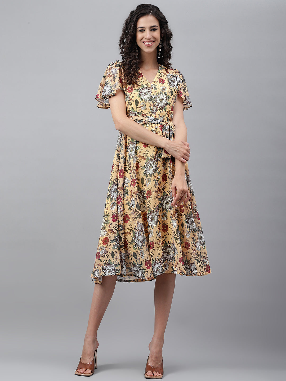 Janasya Women's Yellow Georgette Digital Printed Flared Casual Dress | Grocsy