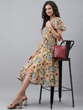 Janasya Women's Yellow Georgette Digital Printed Flared Casual Dress | Grocsy