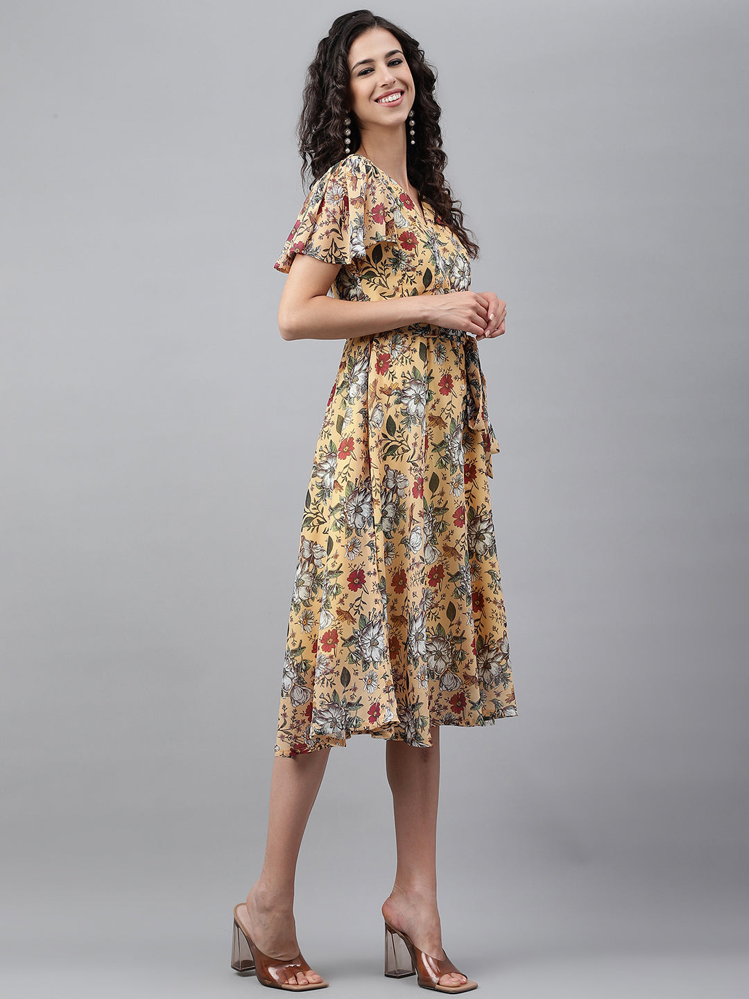 Janasya Women's Yellow Georgette Digital Printed Flared Casual Dress | Grocsy